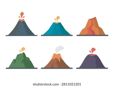 A detailed vector illustration set featuring six stylized volcanoes, each representing different volcanic states—from explosive eruptions with lava bursts to dormant peaks with smoke plumes. Perfect for geology projects, educational materials, natural disaster graphics, and creative design assets. #VolcanoIcons #VectorIllustration #EruptionDesign #LavaFlow #GeologyGraphics #NatureSymbols #DisasterArt #EducationalVectors #CreativeDesign #MinimalIcons #ColorfulGraphics