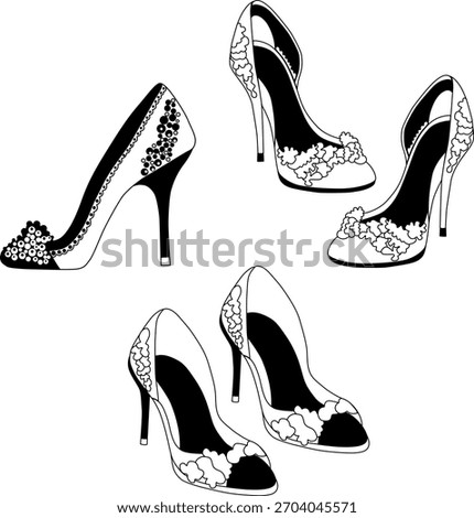 A detailed vector illustration set featuring elegant wedding shoes and bridal sandals in a variety of styles. Includes high heels, dress shoes, and decorative bridal footwear with floral elements 