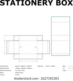 Detailed vector illustration showcasing the design blueprint and dimensions for a stationery box packaging diecut template.