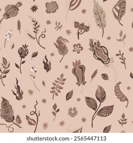 Detailed vector illustration showcasing intricate botanical elements in a Mocha Mousse palette. Seamlessly repeatable and ideal for fabric, wallpapers, and stationery projects.