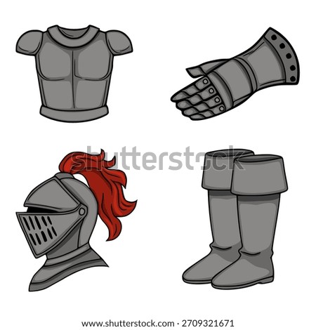 A detailed vector illustration showcasing a knight's medieval armor set, including a chest plate, gauntlet, helmet with a red plume, and greaves, presented on a clean white background.