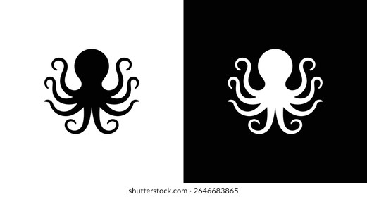 Detailed vector illustration showcasing an octopus silhouette logo, once in black over white, then reversed in white over black. The stylized design features curled tentacles.