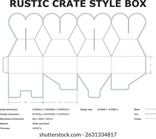 Detailed vector illustration showcasing the precise dimensions and design of a rustic crate style box suitable for packaging.