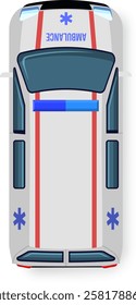 Detailed vector illustration showcasing the top view of an emergency ambulance vehicle with distinct blue and red markings, emphasizing medical transportation and urgency in healthcare services