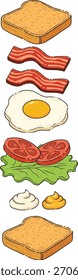 Detaillierte Vektorgrafik mit einem dekonstruierten Sandwich in vertikaler Explosionsdarstellung, geeignet für Infografiken und Menüdesign.