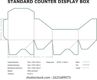 Detailed vector illustration showing the design template with dimensions for a standard counter display box packaging ready for print production.