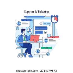 Ilustração vetorial detalhada mostrando um representante de suporte gerenciando um sistema de tíquetes. Inclui ícones de bate-papo, notificações e um cronograma de andamento para ilustrar o fluxo de trabalho de suporte técnico.