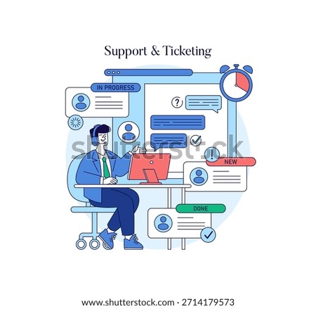 Detailed vector illustration showing a support representative managing a ticketing system. Includes chat icons, notifications, and a progress timeline to depict tech support workflow.