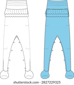 A detailed vector illustration showing two versions of baby footed pants — one plain outline and one colored in light blue. The design features a wide waistband with stitched detailing, a decorative scalloped edge, and snap closures along the inseam for easy diaper changes. Perfect for baby clothing design, apparel pattern development, or fashion mockups.