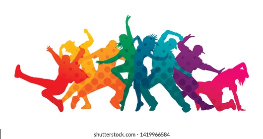 Detailed vector illustration silhouettes of expressive dance colorful group of  people dancing. Jazz funk, hip-hop, house dance. Dancer man jumping on white background. Happy celebration 