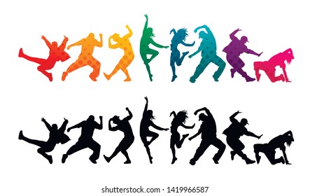 Detailed vector illustration silhouettes of expressive dance colorful group of  people dancing. Jazz funk, hip-hop, house dance. Dancer man jumping on white background. Happy celebration 