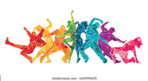 
Detailed vector illustration silhouettes of expressive dance colorful group of  people dancing. Jazz funk, hip-hop, house dance. Dancer man jumping on white background. Happy celebration 
