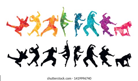 
Detailed vector illustration silhouettes of expressive dance colorful group of  people dancing. Jazz funk, hip-hop, house. Dancer man jumping on white background. Happy celebration 
