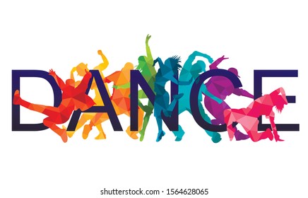 Detailed vector illustration silhouettes of expressive dance colorful group of people dancing. Jazz funk, hip-hop, house. Dancer man jumping on white background. Happy celebration