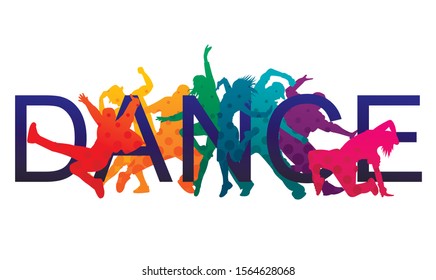 Detailed Vector Illustration Silhouettes Of Expressive Dance Colorful Group Of People Dancing. Jazz Funk, Hip-hop, House. Dancer Man Jumping On White Background. Happy Celebration