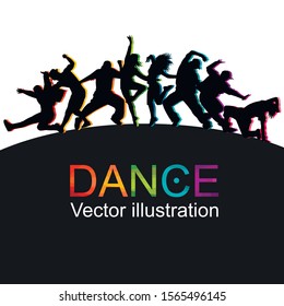 Detailed vector illustration silhouettes of expressive dance colorful group of people dancing. Jazz funk, hip-hop, house. Dancer man jumping on white background. Happy celebration