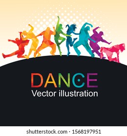 Detailed Vector Illustration Silhouettes Of Expressive Dance Colorful Group Of People Dancing. Jazz Funk, Hip-hop, House. Dancer Man Jumping On White Background. Happy Celebration