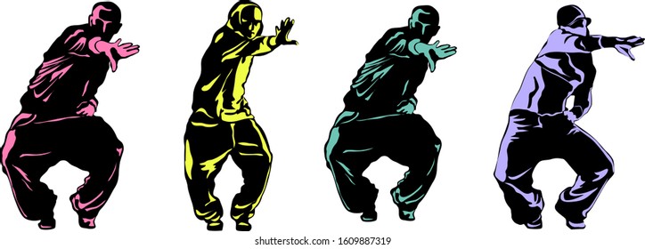 Detailed vector illustration of silhouettes of expressive people dancing dances. Jazz funk, hip hop, modern dance inscriptions about home dancing. Dancer.