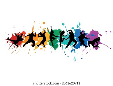 Detailed vector illustration silhouettes of expressive dance people dancing. Jazz funk, hip-hop, house dance lettering. Dancer on the background of blots	
