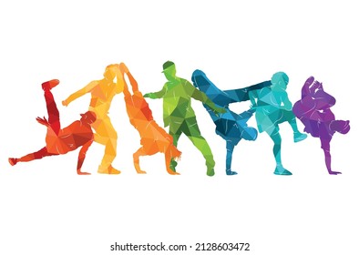 Detailed vector illustration silhouettes of expressive dance colorful group of people dancing. Jazz funk, hip-hop, house. Dancer man jumping on white background. Happy celebration brakedance b boy