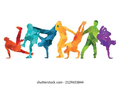 Siluetas detalladas de ilustraciones vectoriales de baile expresivo colorido grupo de personas bailando. Funk de jazz, hip-hop, casa. El bailarín salta sobre fondo blanco. Bravo por celebración feliz por niño