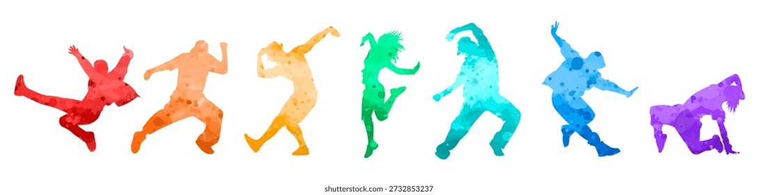 Detailed vector illustration silhouettes of expressive dance colorful group of people dancing. Jazz funk, hip-hop, house dance. Dancer man jumping on white background. Happy celebration