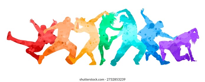 Detailed vector illustration silhouettes of expressive dance colorful group of people dancing. Jazz funk, hip-hop, house dance. Dancer man jumping on white background. Happy celebration