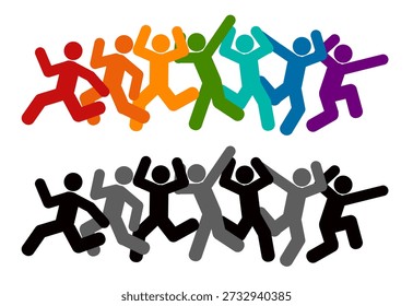 Detailed vector illustration silhouettes of expressive dance colorful group of people dancing. Jazz funk, hip-hop, house dance. Dancer man jumping on white background. Happy celebration. Party.