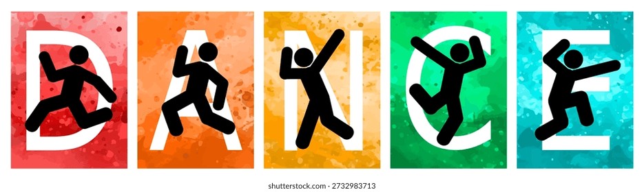 Detailed vector illustration silhouettes of expressive dance colorful group of people dancing. Jazz funk, hip-hop, house dance. Dancer man jumping on white background. Happy celebration. Party.