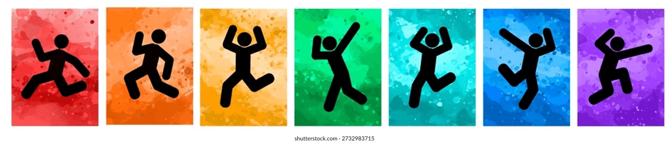 Detailed vector illustration silhouettes of expressive dance colorful group of people dancing. Jazz funk, hip-hop, house dance. Dancer man jumping on white background. Happy celebration. Party.