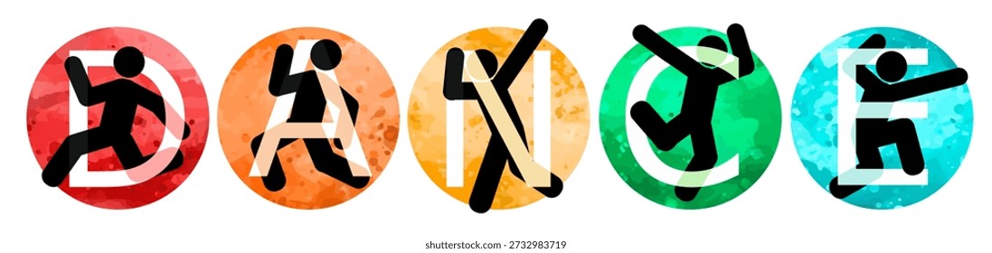 Detailed vector illustration silhouettes of expressive dance colorful group of people dancing. Jazz funk, hip-hop, house dance. Dancer man jumping on white background. Happy celebration. Party.