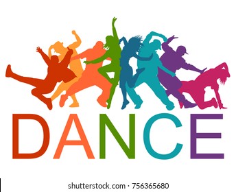 Detailed vector illustration silhouettes of expressive dance people dancing. Jazz funk, hip-hop, house dance lettering. Dancer.

