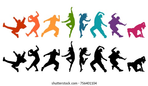 Siluete detaliate de ilustrație vectorială a oamenilor de dans expresiv dansând. Jazz funk, hip-hop, casa dans litere. Dansatoare.

