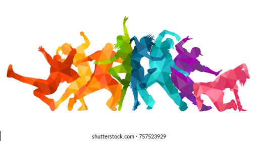 Detaljeret vektor illustration silhuetter af udtryksfulde dansefolk dans. Jazz funk, hip-hop, hus dans bogstaver. Danser.