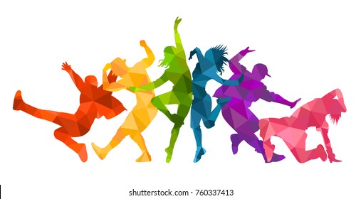 Gedetailleerde vector illustratie silhouetten van expressieve dans mensen dansen. Jazz funk, hiphop, house dance belettering. Danseres.