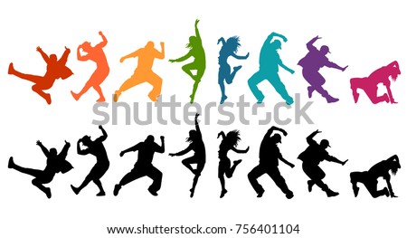 Detailed vector illustration silhouettes of expressive dance people dancing. Jazz funk, hip-hop, house dance lettering. Dancer.

