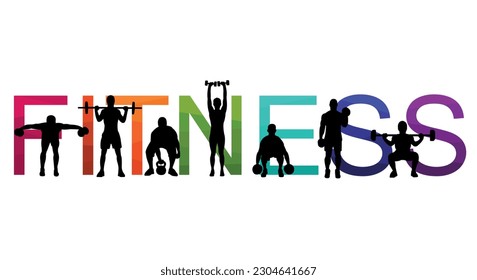 Silhouettes de ilustraciones vectoriales detalladas personas fuertes rodante pusieron a las niñas y al hombre deporte gimnasio fitness entrenamiento de cuerpo levantamiento de fuerza entrenamientos de salud dumbbells barbell. Estilo de vida saludable.