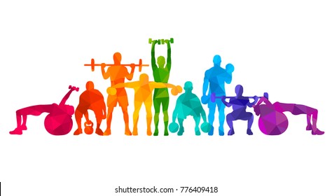 Detailed vector illustration silhouettes  strong rolling people set girl and man sport fitness gym body-building workout powerlifting health training dumbbells barbell. Healthy lifestyle. 
