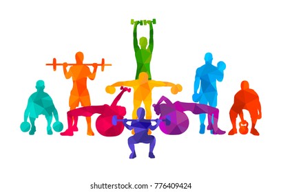 Detailed vector illustration silhouettes  strong rolling people set girl and man sport fitness gym body-building workout powerlifting health training dumbbells barbell. Healthy lifestyle. 

