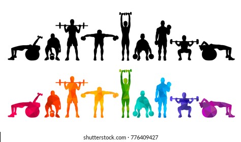 Detailed vector illustration silhouettes  strong rolling people set girl and man sport fitness gym body-building workout powerlifting health training dumbbells barbell. Healthy lifestyle. 

 - Shutterstock ID 776409427