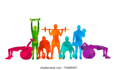 Detailed vector illustration silhouettes  strong rolling people set girl and man sport fitness gym body-building workout powerlifting health training dumbbells barbell. Healthy lifestyle. 


