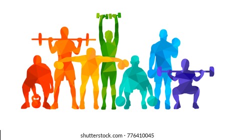 Detailed vector illustration silhouettes  strong rolling people set girl and man sport fitness gym body-building workout powerlifting health training dumbbells barbell. Healthy lifestyle. 
