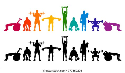 Detailed vector illustration silhouettes  strong rolling people set girl and man sport fitness gym body-building workout powerlifting health training dumbbells barbell. Healthy lifestyle. 

