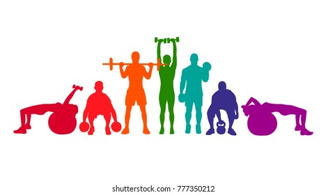 Silhouettes de ilustraciones vectoriales detalladas personas fuertes rodante colocó a las niñas y al hombre deporte gimnasia gimnasia de ejercicios ejercicios ejercicios ejercicios ejercicios ejercicios ejercicios de levantamiento de fuerza de la salud dumbombell.Estilo de vida saludable.  Travesía

