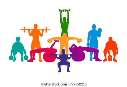 Detailed vector illustration silhouettes  strong rolling people set girl and man sport fitness gym body-building workout powerlifting health training dumbbells barbell. Healthy lifestyle. 

