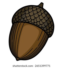 Detailed vector illustration of a single acorn with a textured cap, showcasing autumnal brown hues and a hand-drawn style, perfect for fall-themed designs.