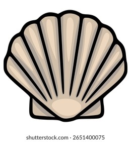 A Detailed Vector Illustration of a Single Beige Seashell with Bold Black Outlines, Featuring a Realistic Shell Texture and Subtle Color Variations.