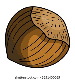 A detailed vector illustration of a single hazelnut, showcasing its textured shell with distinct brown hues and a hand-drawn style, perfect for autumnal designs or food-related projects.