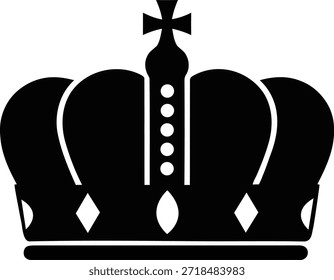 Detailed vector illustration of a single royal king crown silhouette in black. This majestic imperial symbol represents power, authority, and monarchy. The design features a classic cross on top with decorative geometric shapes, making it perfect for heraldic logos, vintage badges, luxury icons, or jewelry store branding. High-quality graphic isolated on a white background.