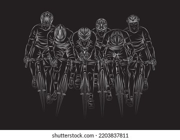Detailed vector illustration of six road cyclists riding in a tight pack, viewed from the front. White line art on black background. Dynamic composition highlights power, aerodynamics